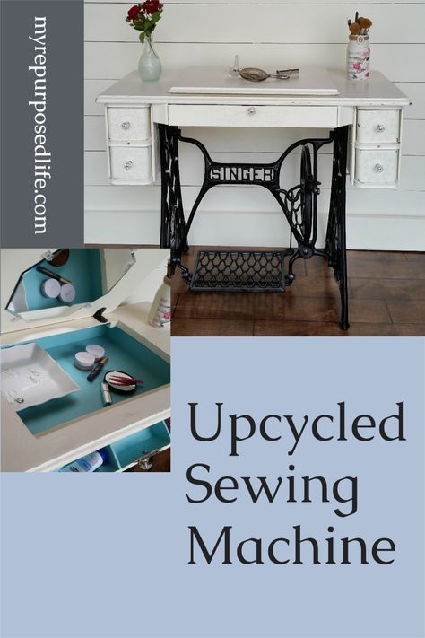 How to repurpose a singer sewing machine into a desk, table or makeup vanity. Lots of storage, very versatile piece of furniture for your home. #MyRepurposedLife #repurposed #furniture #singer #sewingmachine #makeover #upcycle via @repurposedlife Sewing Table Repurpose, Upcycled Sewing, Sewing Machine Tables, Sewing Machine Table, Elegant Coffee Table, Old Sewing Machines, Antique Sewing Machines, Vintage Sewing Machine, Vintage Sewing Machines