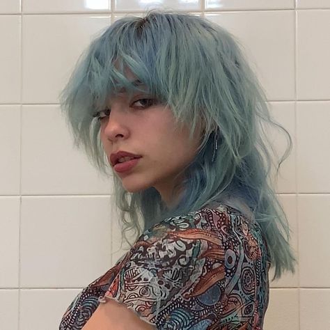 Blue Undercut, Sp Pfps, Blonde Mullet, Nails Grunge, Instagram Clothes, 90s Glam, Light Blue Hair, Clothes Art, Grunge Fairycore