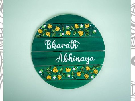 Painted Name Plates, Madhubani Lotus, Madhubani Designs, Indian Name, Circle Name, Monochromatic Colors, Wooden Name Plates, Name Board, Name Plates For Home