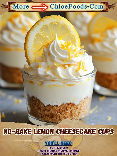 No-bake lemon cheesecake cups are a fantastic option for anyone seeking a simple yet elegant dessert. They are quick to make, customizable, and perfect for any occasion. With their refreshing lemon flavor and creamy texture, these cheesecake cups are sure to impress your guests. Whether you stick to the classic recipe or get creative with toppings and flavors, this dessert is a must-try. So next time you need a quick dessert fix, remember to whip up a batch of these zesty, creamy delights! 👉👉 Visit site for Full recipe 😋😍 Lemon Cheesecake Dessert Cups, Lemon Cheesecake Cups No Bake, Desserts In A Glass Cup, Mini Cakes In Cups, Dessert Cups Recipes No Bake, Lemon Cheesecake Mousse No Bake, Lemon Desserts In A Cup, Lemon Cheesecake Shooters, Lemon Cup Desserts