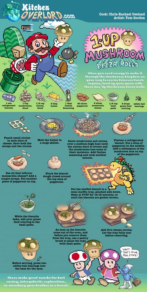 Kitchen Overlord, Geeky Recipes, Nerd Recipes, Game Decorations, Geek Recipes, Nerdy Recipes, Cooking Pictures, Cartoon Recipe, Movie Recipes