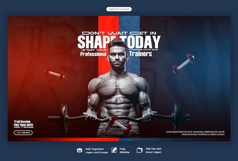 Free PSD gym and fitness web banner or b... | Free Psd #Freepik #freepsd #banner-gym #gym-template #fitness-template #gym Creative Banner Design Ideas, Gym Banner Design, Gym Dumble, Gym Template, Fitness Banner, Advertisement Banner, Gym Banner, Creative Banners, Sports Templates