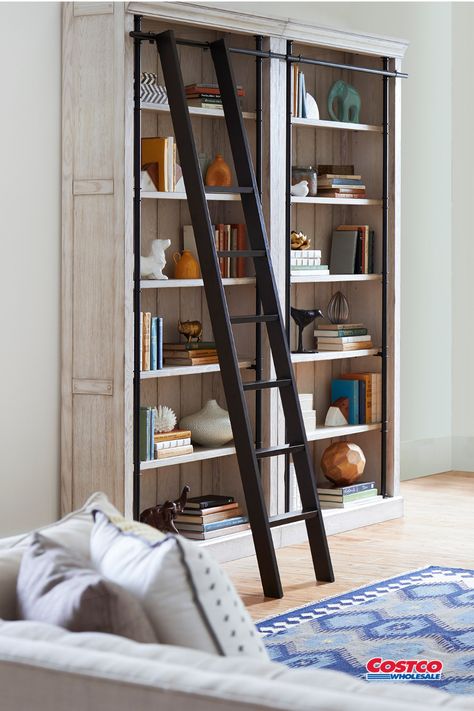 Bookcase Wall and Ladder Barn Door Bookcase, Shelf For Office, Ladder Storage, Tall Bookcase, Tall Bookcases, Office Bookcase, Bookcase Wall, White Bookcase, Standing Shelves