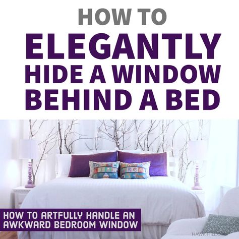 How to elegantly hide a window behind a bed in a bedroom with an awkward layout Bedroom Window Headboard Ideas, Hide A Window Behind A Bed, How To Hide A Window Behind A Bed, Hide Window Behind Bed, Wall Of Curtains Behind Bed, Sideways Bed Against Wall, Window Behind Headboard, Off Centered Window Behind Bed, Behind Bed Curtains