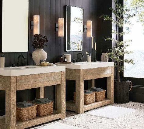 Palisades | Pottery Barn Pottery Barn Bathroom Vanity, Barn Sink, Pottery Barn Vanity, Pottery Barn Bathroom, Japandi Bathroom, Wood Bathroom Vanity, Bath Tiles, Vanity Storage, Upstairs Bathrooms