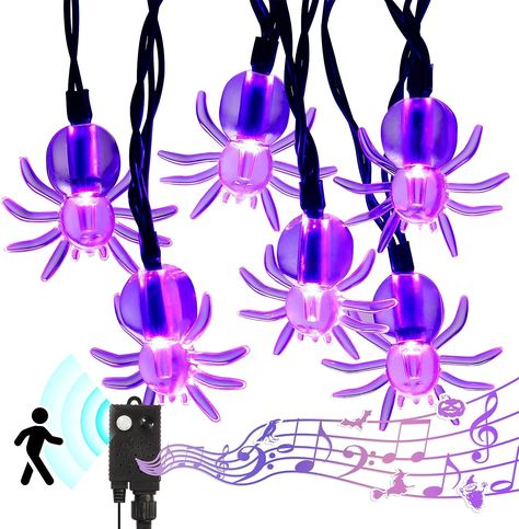 70 LED Spider String Lights with Spook Music Motion Sensing Function, 22.6Ft Purple Halloween String Lights, Plug in Halloween Lighting for Outdoor Yard Home Party cobweb Halloween Decorations Diy Indoor Halloween Decorations, Props Aesthetic, Yard Fireplace, Halloween Feast, Lighting House, Halloween Lighting, Indoor Halloween Decorations, Purple Spider, Make Up Items