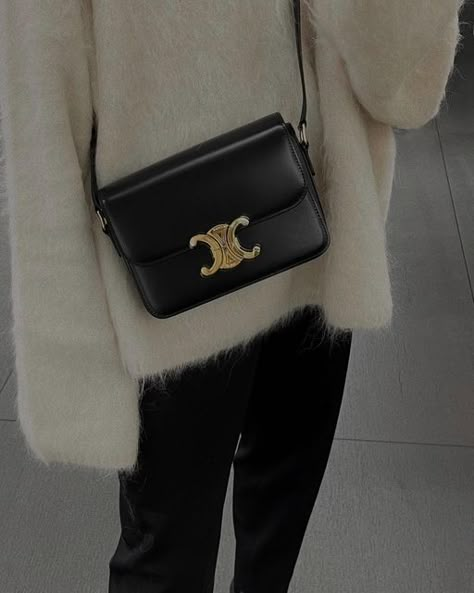 DIANE CATE M. on Instagram: "Sitting there pretty - hopefully soon in my little collection 🖤 What do you think about this bag - would you get it? ☁️" Celine Triomphe Bag Black, Luxury Items Aesthetic, Black Purse Aesthetic, Celine Teen Triomphe, Purse Aesthetic, Gucci Boots, Aesthetic Bags, Bag Obsession, Fashion Top Outfits