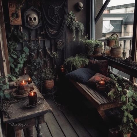 Gothic Balcony Ideas, Tropic Goth Decor, Moody Porch Decor, Gothic Balcony Decor, Goth Patio Ideas, Gothic She Shed, Goth Balcony, Gothic Balcony, Gothic Patio