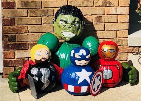 Marvel Pumpkins Incredible Hulk, Thor, Iron Man, Captain America Iron Man Painted Pumpkin, Captain America Pumpkin Painted, Avenger Pumpkin Painting, Avengers Pumpkin Painting, Superhero Pumpkin Painting, Pumpkin Painting Ideas Marvel, Marvel Pumpkin Painting, Hulk Pumpkin Painting, Painting Ideas Marvel