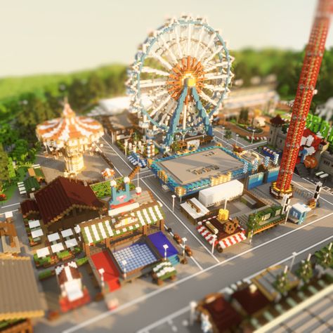 Amusement Park – Oktoberfest | Pixelbiester Amusement Park In Minecraft, Mincraft Idea Theme Park, Amusment Parks Minecraft, Minecraft Car Park, Minecraft Fairground, Minecraft Cities Ideas, Minecraft Amusement Park Entrance, Park Minecraft Ideas, Minecraft Ferris Wheel