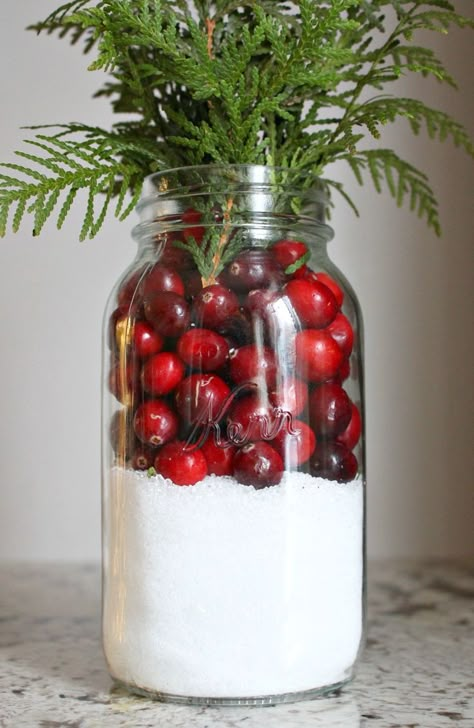 Easy Cranberry Centerpiece Idea! Fill a Mason Jar with Epson Salts, Cranberries and Top with Cedar for a Festive Last Minute Christmas Centerpiece. Such a Cute Mason Jar Craft Idea! #holidaydecor #cranberries #masonjarcrafts Cranberry Centerpiece, Natal Country, Mason Jar Centerpiece, Centerpiece Christmas, Tafel Decor, Christmas Table Centerpieces, Christmas Centerpieces Diy, Christmas Mason Jars, Mason Jar Centerpieces