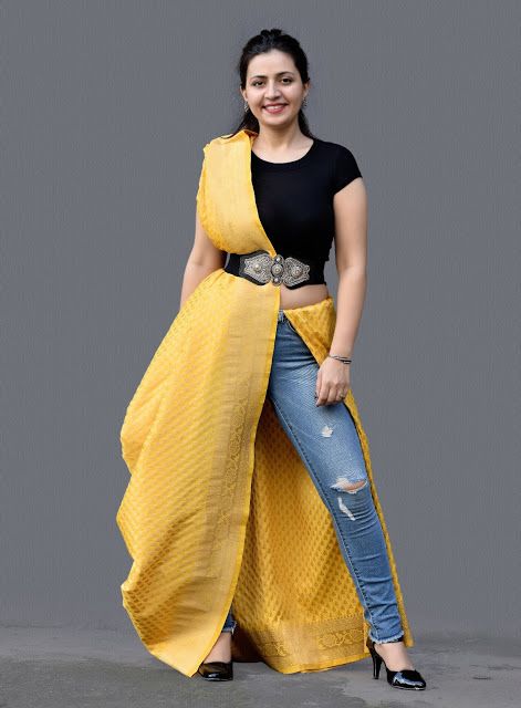 Style Credences: DRAPING ON DENIM Saree On Jeans Pant, Saree With Jeans Fashion Styles, Jeans With Saree Outfit, Saree On Jeans, Dupatta With Jeans, Navratri Outfits Ideas With Jeans, Saree With Jeans, Saree Drapes, Saree Drape