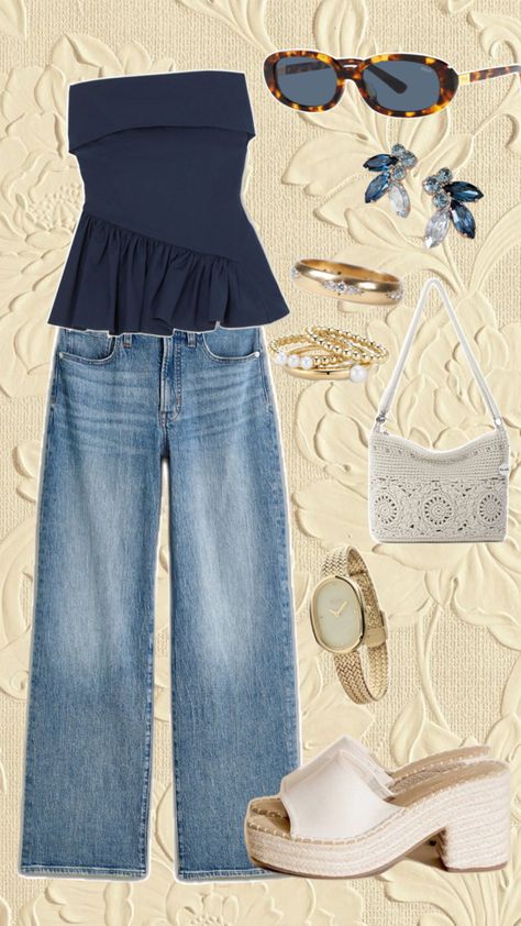 Outfit idea - outfit inspiration - outfit inspo - summer outfit - navy blue top - strapless top - madwell jeans - jeans outfit - white heels - gold jewelry - crochet bag - crochet purse - white purse - gold watch - summer - date night outfit Strapless Top Outfit, Blue Top Outfit, Date Night Outfit Summer, Twin Outfits, Navy Outfit, Outfit Inspo Summer, White Purse, Navy Blue Top, Crochet Purse