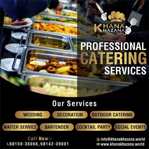 We provide a professional Catering Service. Book Khana Khazana Caterers for special events. One of the Best Caterers in Kapurthala. Call us: 98159-36066, 98142-39001 Catering Business Logo, Catering Menu Design, Starting A Catering Business, Catering Business Cards, Healthy Restaurant Food, Catering Logo, Catering Design, Logo Service, Catering Buffet