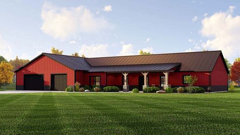 House Plan 41873 - Barndominium, Country, Ranch Style House Plan with 1844 Sq Ft, 3 Bed, 3 Bath, 3 Car Garage Barn Plan, Barn Style House Plans, Ranch Style House Plans, Barndominium Floor Plans, Shop House Plans, Ranch Style Homes, Barn Style House, Pole Barn Homes, Barn House Plans