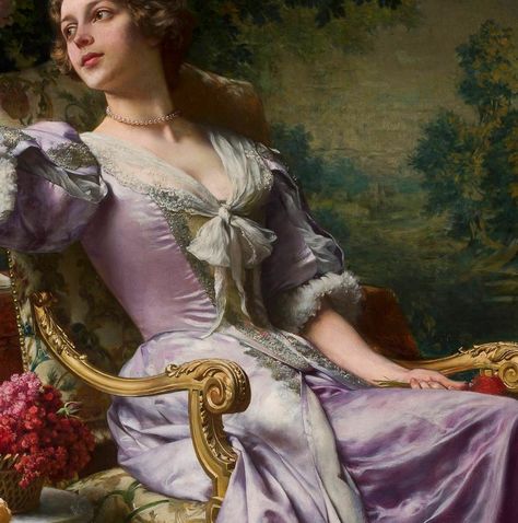 Wladyslaw Czachorski (1850-1911) ~ A lady in a lilac dress with flowers, 1903 ✿ | Arte e dettagli nell'Arte Dress With Flowers, Victorian Art, Old Paintings, Lilac Dress, Detail Art, Classical Art, A Lady, Historical Fashion, Fashion History