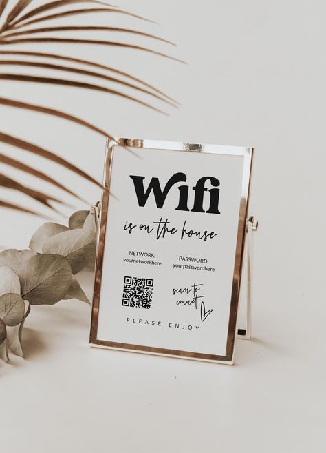 Guest Welcome Baskets, Wifi Qr Code, Airbnb Signs, Guest Room Essentials, Guest Wifi, Wifi Password Sign, Qr Code Sign, Airbnb House, Wifi Sign