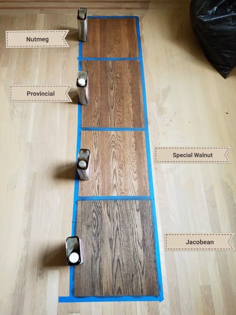 Duraseal stain on white oak. Top to Bottom: Nutmeg, Provincial, Special Walnut, Jacobean. I chose Provincial because it's a nice medium brown with cool undertones (less gold and red). Hope this helps others make this tough choice! Stain On White Oak, Brown Wood Floors, Duraseal Stain, Oak Floor Stains, Floor Stain Colors, Wood Floor Stain Colors, Walnut Hardwood Flooring, Wood Floor Colors, Red Oak Floors