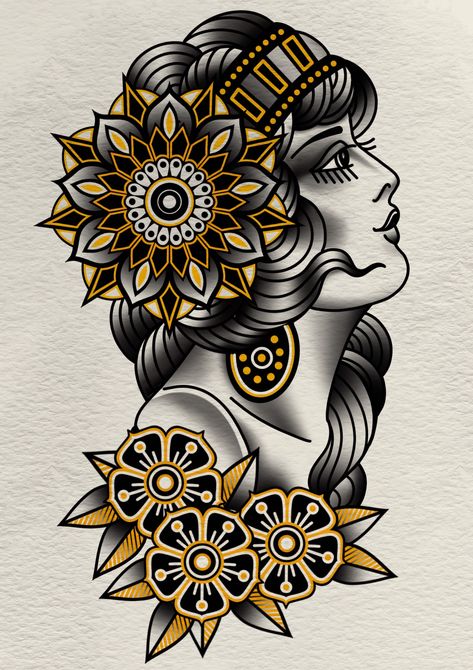 Traditional woman printed on A3 250gsm card American Traditional Tattoo Woman, Neo Traditional Portrait, American Traditional Woman Head, American Traditional Tarot Card, Americana Tattoo Traditional, Woman With Traditional Tattoos, Traditional Woman Head Tattoo, Traditional Woman Tattoo, Traditional Tattoo Girl Head