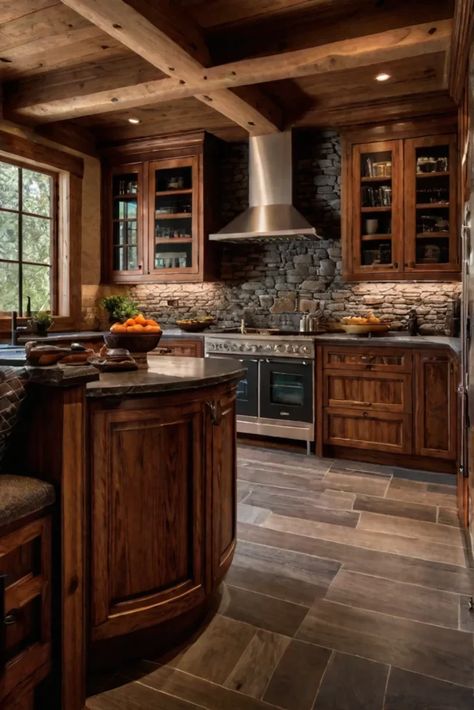 Charming rustic kitchen with custom cherry wood cabinets a stone backsplash and Log Cabin Kitchens Cabinets, Cabin Kitchens Rustic, Barndo Interior, Canada Cabin, Rustic Kitchen Cabinet, Alder Kitchen Cabinets, Cabinet Update, Log Cabin Kitchen, Cabin Kitchen Decor