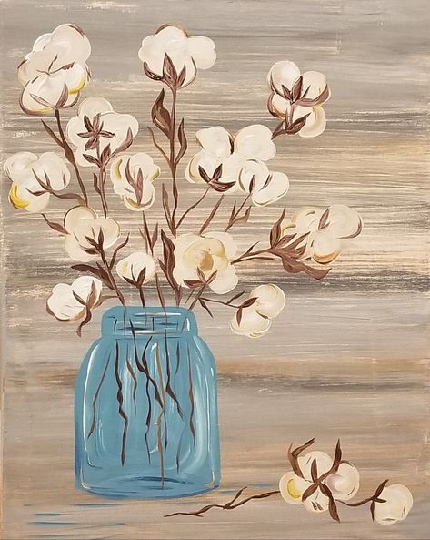 Cotton Stems in a Mason Jar Painting Ball Jar Painting, Mason Jar Painting Ideas On Canvas, Mason Jar Painting, Jar Painting, Mason Jar Art, Cotton Bolls, Valentine Art Projects, Painting Glass Jars, Cotton Painting