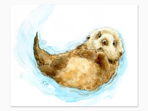 Otter Spirit Animal, Otter Watercolor, Otter Art, Baby Otter, Otter Love, Baby Otters, Whimsical Wall Art, Zoo Babies, Childrens Wall Art