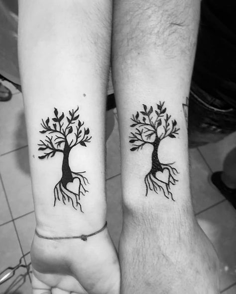 Tree Of Life Matching Tattoo, Couples Tree Tattoo, Tree Couple Tattoo, Matching Tree Tattoos, Partner Tattoos, Couples Tattoo Designs, Geometric Sleeve Tattoo, Matching Sister Tattoos, Couple Tattoos Unique