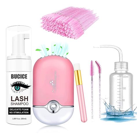 BUCICE Lash Shampoo for Lash Extensions, 50ml Eyelid Foaming Cleanser, USB Mini Lash Fan,Bottle Mascara Brush Cleaning Brush Lash Cleaning Kit for Professional & Home Use(Pink) Lash Cleaning, Lash Fan, Lash Care, Lash Tools, Shampoo Brush, Mascara Brush, Eyelash Brush, Brush Cleaning, Foaming Cleanser