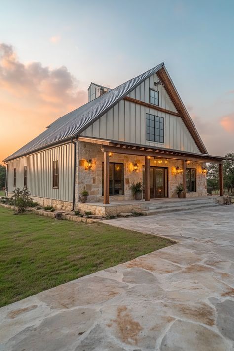 Slanted Roof Barndominium, Olive Green Barndominium, Contemporary Barndominium Ideas, Barndominium With Brick Exterior, Taupe Barndominium Exterior, Western Barndominium Ideas, Barndominium Ideas 1 Story, Monitor Barndominium Floor Plans, Light Gray Barndominium Exterior