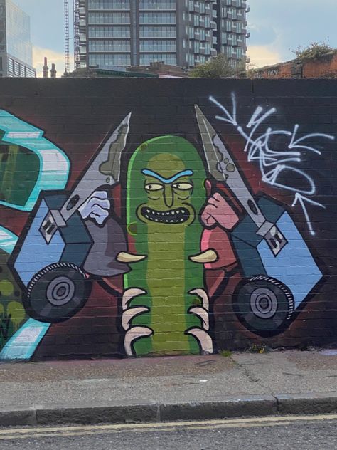 Rick and Morty - Pickle Rick Graffiti - Unknown Artist Rick And Morty Graffiti, Uk Street, Pickle Rick, Brick Lane, Rick And Morty, Monster Trucks, Street Art, Graffiti, London