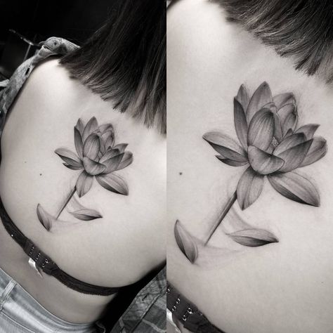 Had a lot of fun doing this one...black and grey realism anyone? #tattoos #tattoo #blackandgrey #realism #lotus #floral #blackandgreytattoo… Lotus Tattoo Realistic, Grey Shading Tattoo, Black And Grey Lily Tattoo, Realism Lotus Tattoo, Realism Flower Tattoo, Dark Lotus Tattoo, Black And Grey Lotus Flower Tattoo, Black And Grey Realism Floral Tattoo, Spinal Tattoo