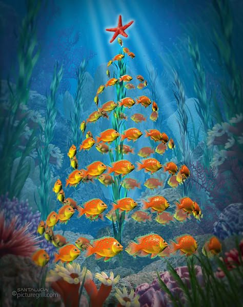 .~Ocean Christmas Painting with fish forming a tree~. Ocean Christmas, Merry Fishmas, Wallpaper Ocean, Hawaii Ocean, Florida Christmas, Beachy Christmas, Painting Ocean, Gold Christmas Decorations, Christmas Tree Painting