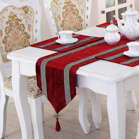 Amazon.com: San Tungus Red Rhinestone Table Runners with Tassels, Western Morden Table Runner for Wedding and Party -13x84 Inches : Home & Kitchen Table Cloth For Wedding, Table Runner For Wedding, Wedding Dinner Party, Classic Candy, Striped Table Runner, Luxury Table, Striped Table, Luxury Diamonds, Wedding Dinner