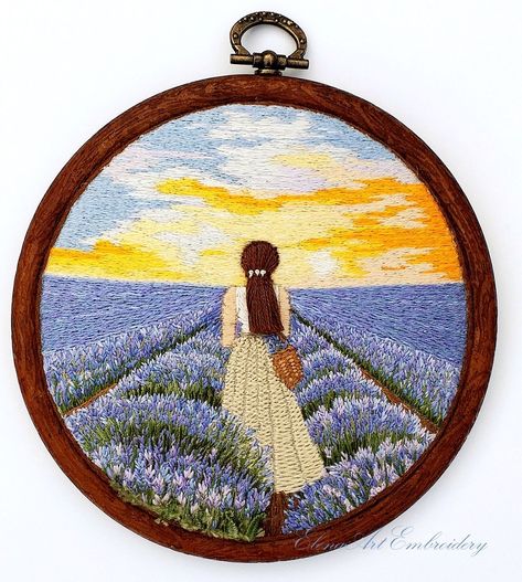 Lavender Field Embroidery, Framed Hand Embroidery, Embroidery Art Framed, Embroidery Landscape Easy, Embroidery Anniversary, Embroidery Art Modern, Field Embroidery, Lavender Landscape, Mini Embroidery Hoop