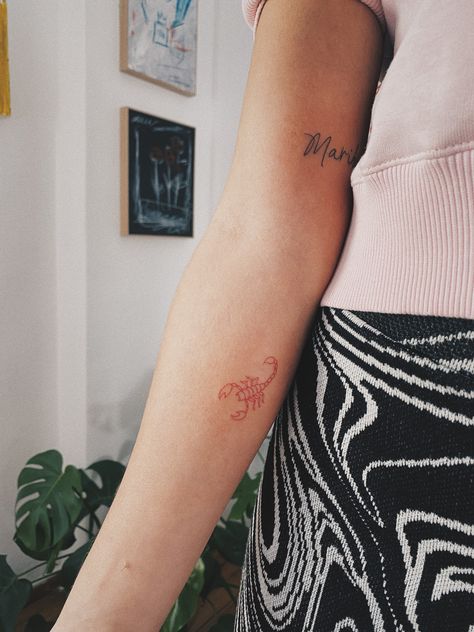 Scorpio Red Tattoo, Red Tattoos For Women Arm, Scorpion Tattoo Fine Line, Red Scorpio Tattoo, Fine Line Scorpion Tattoo, Red Scorpion Tattoo, Stay Tattoo, Butterfly Tattoos On Arm, Scorpio Tattoo