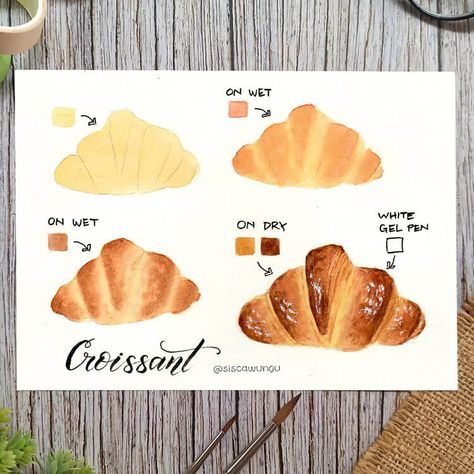 How to Paint a Croissant Mushroom Drawing Watercolor, Croissant Drawing Simple, Cottagecore Watercolor Painting, Simple Gouache Painting Ideas, Watercolor Art For Beginners Landscape, Cute Gouache Painting, Gouache Illustrations Simple, Simple Water Coloring Ideas, Gouache Mushroom