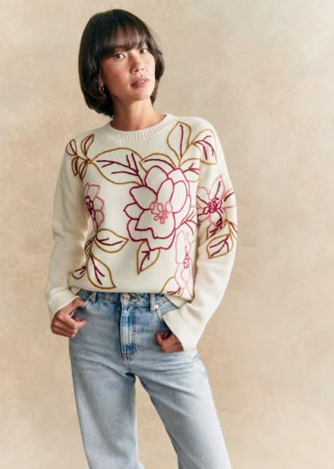 Doris Jumper - Pink Flower Embroidery Ecru Background  - Merino Wool - Sézane Clothes With Embroidery, Style Inspiration Spring Summer, Clothes Board, Wool Embroidery, Floral Sweater, Long Sleeve Jumper, Floral Knit, Style Inspiration Summer, Embroidered Sweater