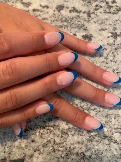 There's a new beauty trend taking over Instagram and it's absolutely stunning. Say hello to "quartz nails". Nail Designs Short French Tips, Three Color French Tip Nails, Summer Inspired Nails Acrylic, Blue Easy Nail Designs, Nail Inspo Acrylic Almond Short, Blue Tips Almond Nails, Simple Almost Nails, Simple Blue French Tip Nails, Back To School Nails Almond Shape