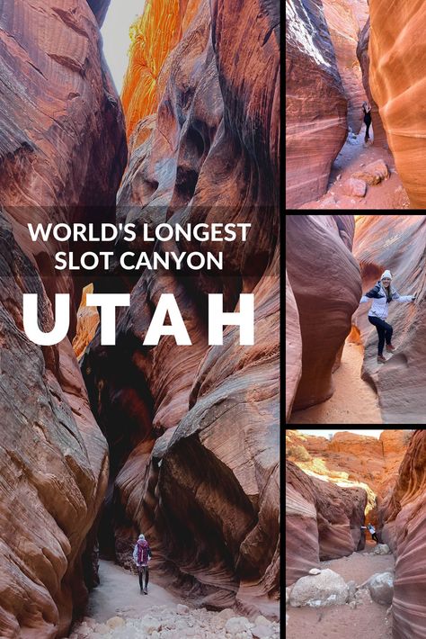 This breathtaking slot canyon located in Southern Utah is the LONGEST slot canyon in the world. Spanning a full 15 miles, you won't want to miss this one. Read about it and go! Zion Road Trip, Slot Canyons Utah, Paria Canyon, Travel Utah, Goblin Valley State Park, Snow Canyon State Park, Slot Canyons, Utah Vacation, Escalante National Monument