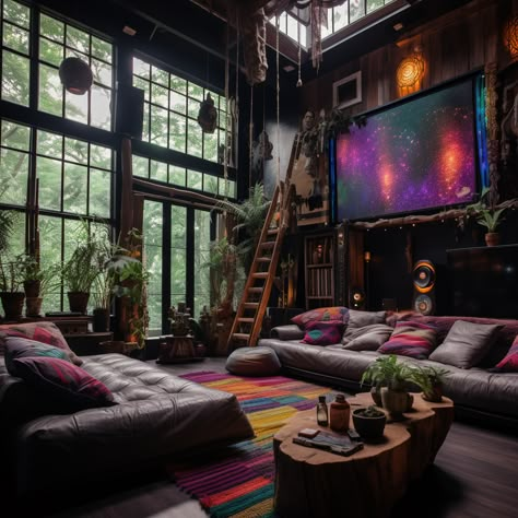 Dramatic Rooms Interior Design, Maximalist Loft Apartment, Cozy Maximalism Apartment, Maximalist Loft, Maximalist Lounge, Cozy Maximalist Living Room, Maximalism Apartment, Magical Living Room, Eccentric Living Room