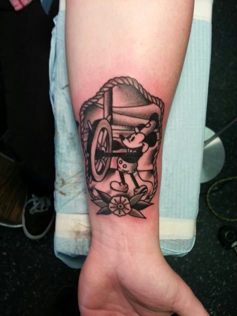 Traditional Steamboat Willie Mickey Tattoo by Steve Rieck Las Vegas American Traditional Mickey Mouse Tattoo, Mickey Traditional Tattoo, Mickey Mouse Traditional Tattoo, Disney American Traditional Tattoo, Steamboat Willie Tattoo, American Traditional Disney Tattoo, Traditional Disney Tattoo, Disney Traditional Tattoo, Traditional Character Design