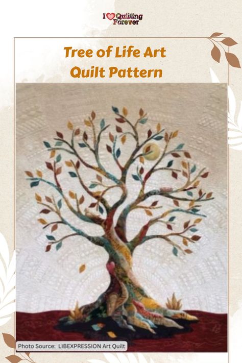 Tree of Life Art Quilt Pattern Free Quilt Patterns For Pillows, Quilts With Trees, Tree Of Life Quilts, Tree Of Life Quilt Pattern, Tree Quilt Block Pattern, Quilted Trees, Family Tree Quilt Patterns, Tree Of Life Quilt, Tree Of Life Applique Quilt Pattern