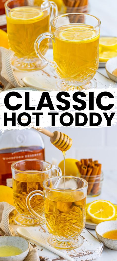 This classic Hot Toddy is a soothing combination of whiskey, honey & lemon for a perfect remedy to winter chills or warming up on cold nights! Hot Whiskey Drinks, Hot Toddy Recipe For Colds, Hearty Winter Recipes, Hot Toddy Cocktail, Warm Winter Drinks, Warm Cocktails, Bread Booze Bacon, Toddy Recipe, Hot Toddies Recipe