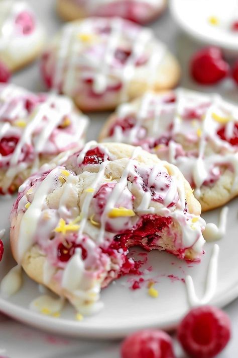 Lemon Raspberry Cookies - Insanely Good Healthy Raspberry Cookies, Fruity Dessert Recipes, Lemon Raspberry Cookies, Raspberry Cookie Recipes, Fruity Cookies, Kitchen Witch Recipes, Cherry Delight, Raspberry Bars, Raspberry Desserts