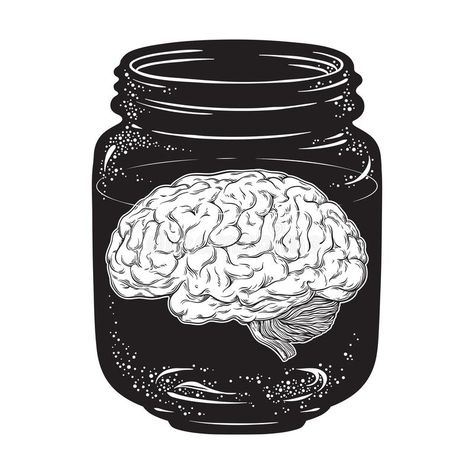 Brain In A Jar, Tattoo Design Hand, Blackwork Tattoo Design, Jar Drawing, Hand Drawn Vector Illustrations, Hand Drawn Vector, Human Brain, In A Jar, Blackwork Tattoo