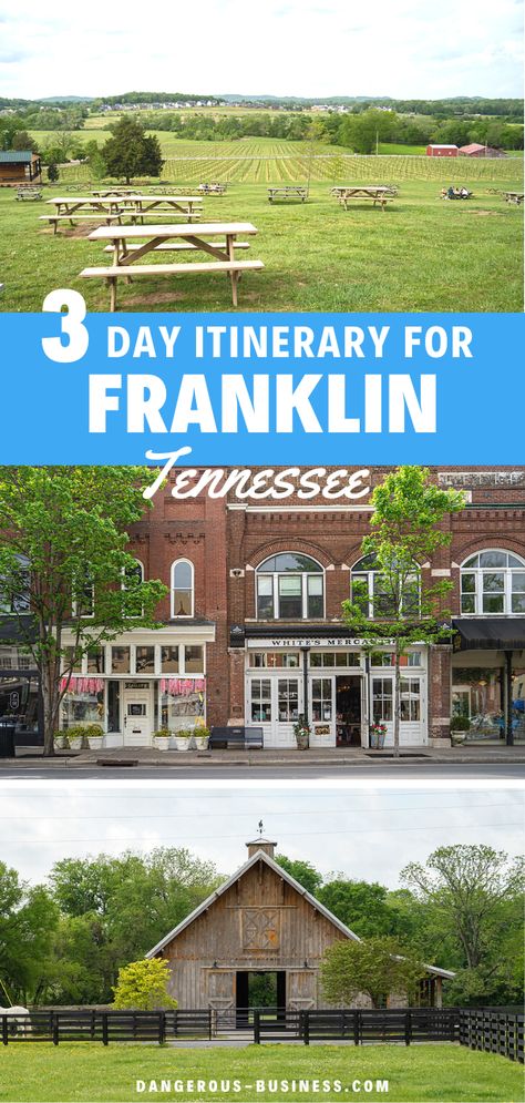 Franklin, Tennessee is the quintessential small town in the United States that is perfect for a long weekend getaway. This itinerary will show you exactly how to spend 3 days in Franklin, including where to eat, things to do, and where to stay. If you want to discover small town charm combined with relaxing natural beauty, Franklin is the perfect destination that has it all. 3 Days In Nashville Tennessee, Things To Do In Franklin Tennessee, Things To Do In Franklin Tn, Franklin Tennessee Christmas, Franklin Tennessee Things To Do, Things To Do In Tennessee, Southern Road Trips, Tennessee Outfits, Tennessee Christmas