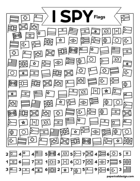 Great screen free learning activity for kids. Print this I spy flags activity and help kids learn about different flags throughout the world Coloring Flags Free Printable, I Spy Coloring Page Free Printable, I Spy Coloring Pages, Flag Activities For Kids, I Spy Worksheets For Kids, I Spy Printables For Kids Free, Paper Activities For Kids, Spy Activities, School Activities For Kids