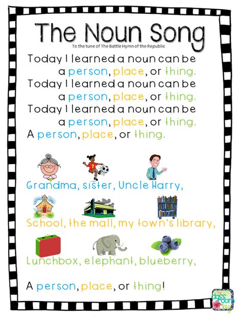 The Noun Song. Cute to teach - if doing handouts be sure to fix capitalization of common / proper nouns Noun Song, Battle Hymn Of The Republic, Classroom Songs, Nouns And Verbs, Teaching Grammar, Teaching Language Arts, First Grade Reading, Fun Songs, Parts Of Speech