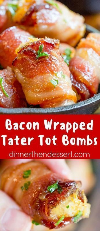 Bacon Wrapped Tater Tot Bombs are an easy appetizer of tater tots and sharp cheddar cheese wrapped in thick cut bacon, rolled in brown sugar and baked. http://dinnerthendessert.com Bacon Wrapped Tater Tots, Fingerfood Party, Bacon Appetizers, Thick Cut Bacon, Tater Tots, Football Food, Sharp Cheddar, Finger Food Appetizers, Sharp Cheddar Cheese