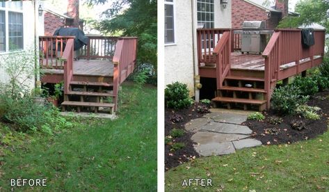 Short Walkway Before/After - Naturescapes Country Curb Appeal, Mulch Landscaping Ideas Diy, Landscaping Around Deck, Front Yards Diy, Yard Ideas Diy, Yard Privacy, Front Yards Curb Appeal, Yard Ideas Cheap, Front Yard Decor